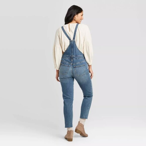 High-Rise Raw Hem Taper Denim Cropped Overalls - Picture 2 of 2